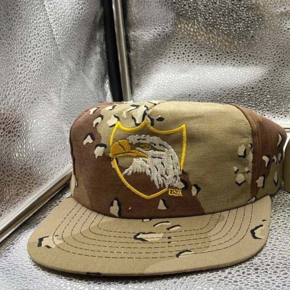 Unbranded Snapback Hat Mens OSFM Tan Chocolate Chip Camo Eagle USA Military